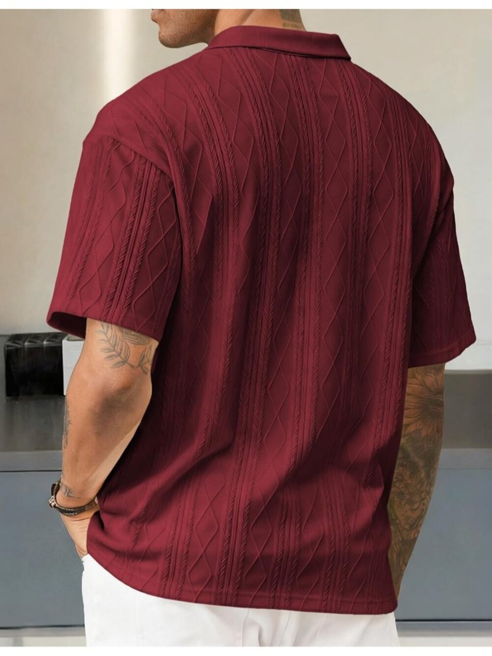 Men's Burgundy Short Sleeve Casual Golf Beach Button Summer Textured Polo Shirt - Picture 2 of 6